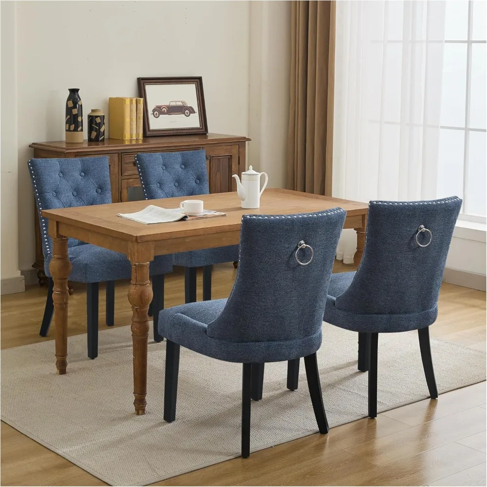 Upholstered Tufted Dining Chairs Set of 4, Fabric Side Dining Room Chairs with Nailhead Back Ring Pull Trim Solid Wood Legs