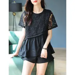 Fashion Spliced Folds Asymmetrical Lace Hollow Out Blouse Women's Clothing 2023 Summer New Oversized Casual Tops Commuter Shirt