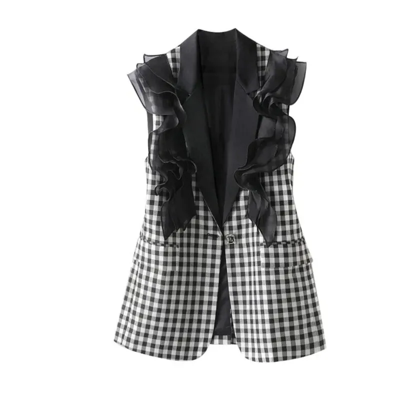 

women's NEW Spring Contrasting lattice Suit Vests Female Fashion Temperament Leisure Vest Coat Splicing Ruffled edge Jacket