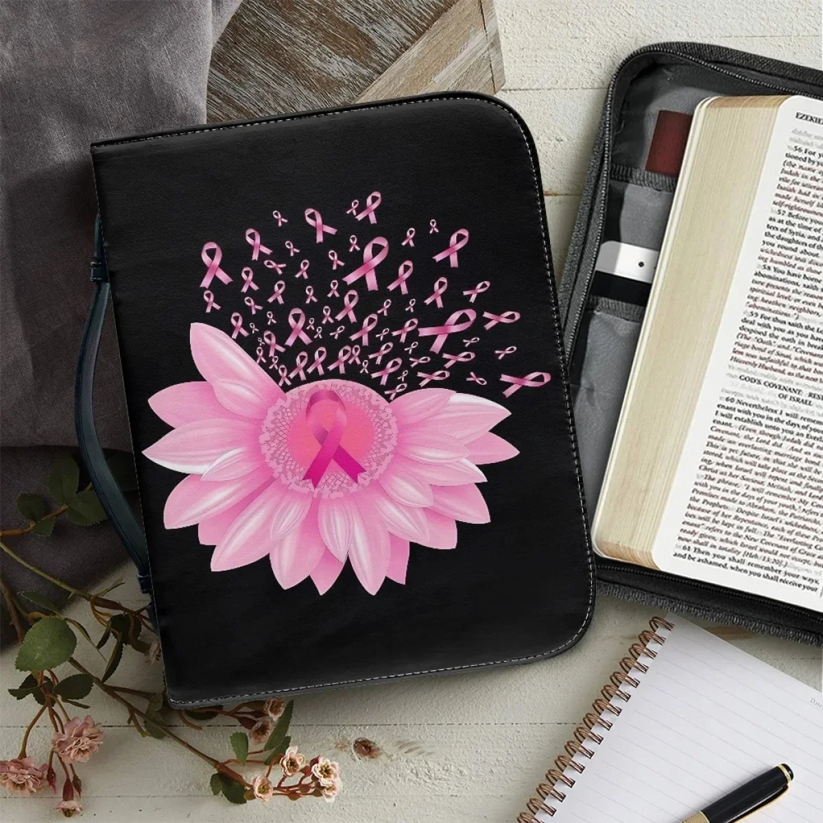 Autism Cancer Consciousness Bible Storage Bag for Women Pink Cravat Print Bible Bag Leather Study Book Holy Storage Boxes