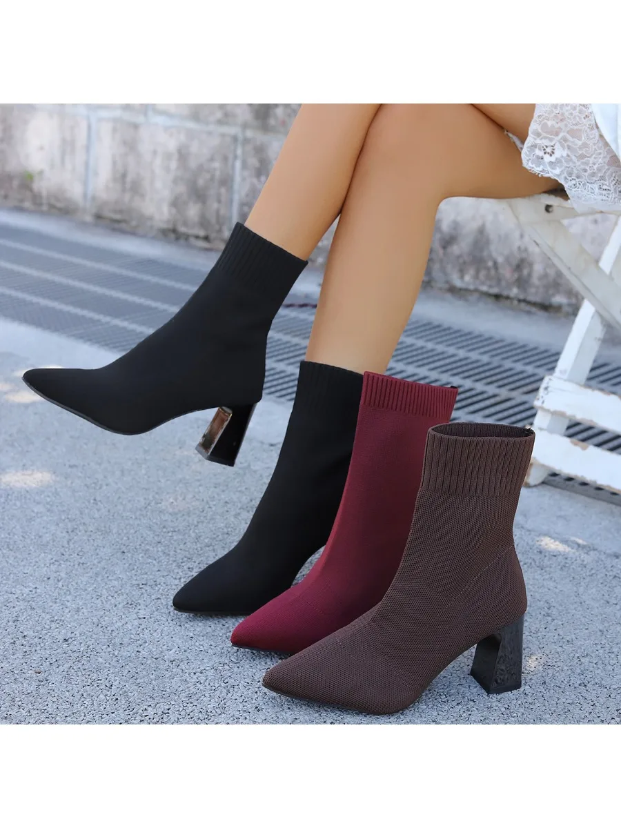Femmes mode bottines automne pointu couleur unie Stretch tricoté chaussette bottes femmes gros sans lacet grande taille chaussures pour les femmes