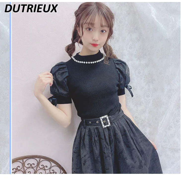 Sweet Cute Girl Lace Puff Short Sleeve T-shirt Summer New All-Match Slimming Tops Bow Beaded Sweater Y2k Clothes for Women