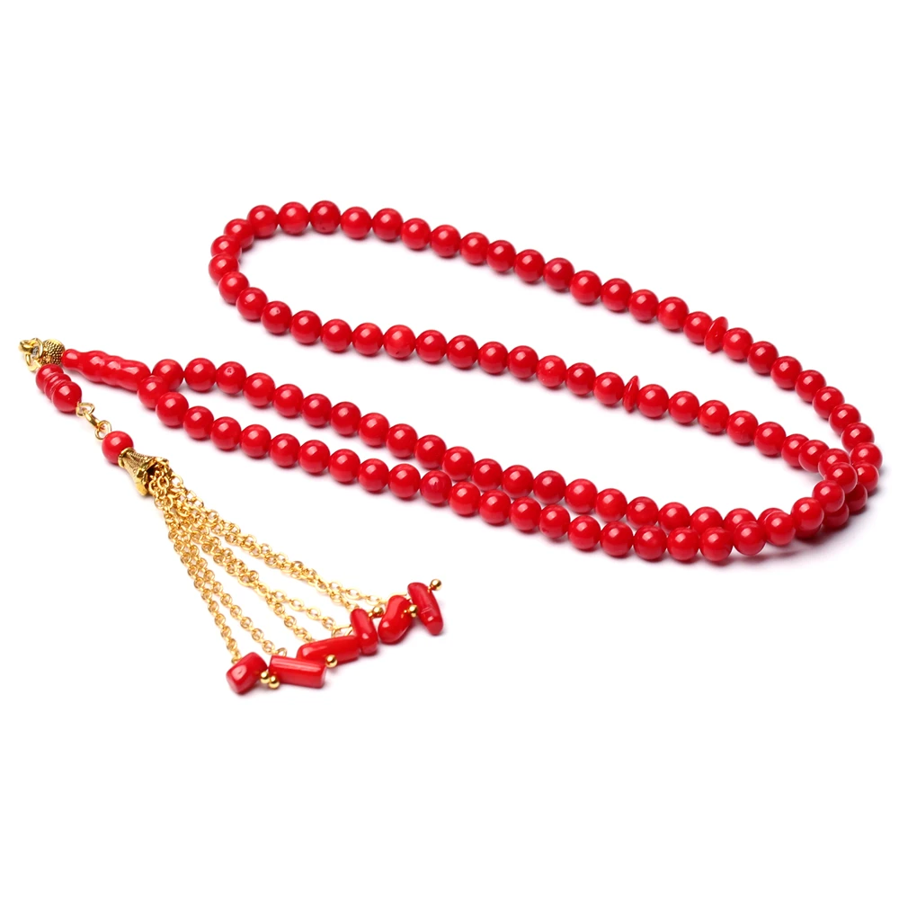 Imagem -03 - Grânulos de Oração Islâmica Tasbih Prata Pedra Coral Vermelho Rosário Muçulmano Tasbih Prata mm 99 Beads