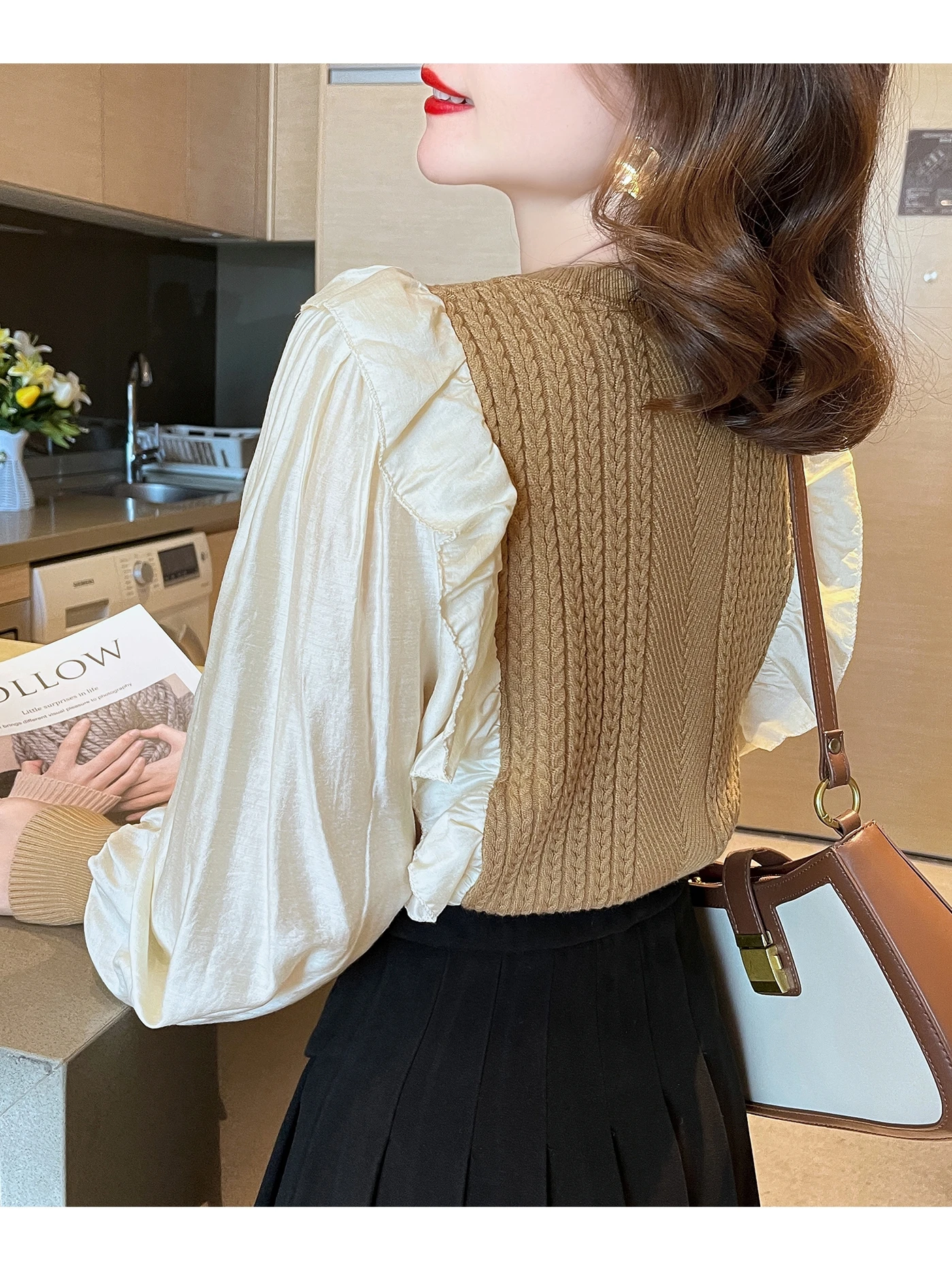 2024 Autumn and Winter New Ruffled Chiffon Spliced Puff Sleeve Fake Two-piece Twist Sweater Bottoming Women's Sweater Top