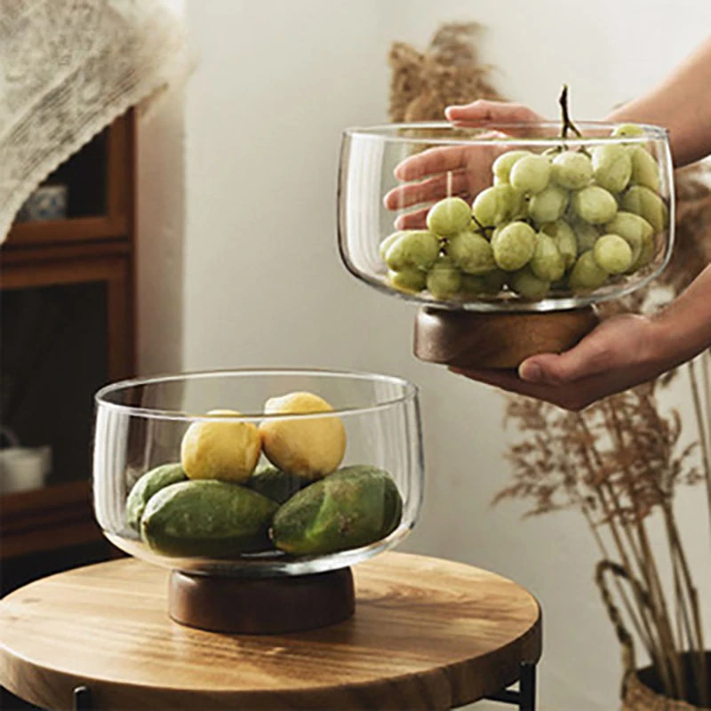 

European Transparent Glass Wooden Base Fruit Tray Salad Bowl Candy Dessert Storage Tray Coffee Table Desktop Home Decoration