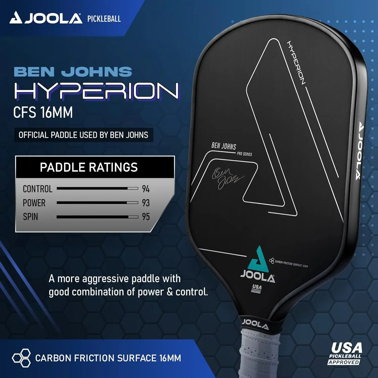 Pickleball Paddle - Carbon Surface & Sure-Grip Elongated Handle - Increased Power and Spin - Carbon Fib