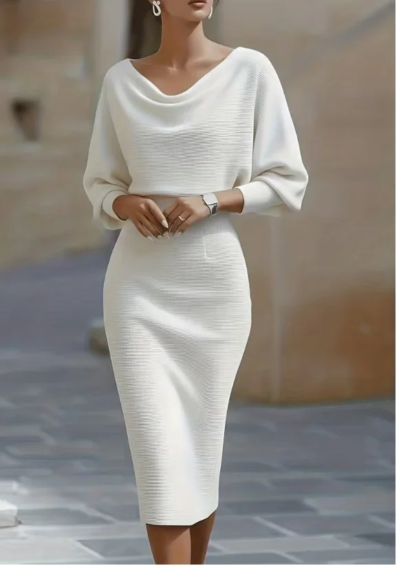 

Spring Women's Elegant Dress High Waist O-neck 7-quarter Sleeves Slim Fashion Simple Office Solid Color Female Mid-length Skirt