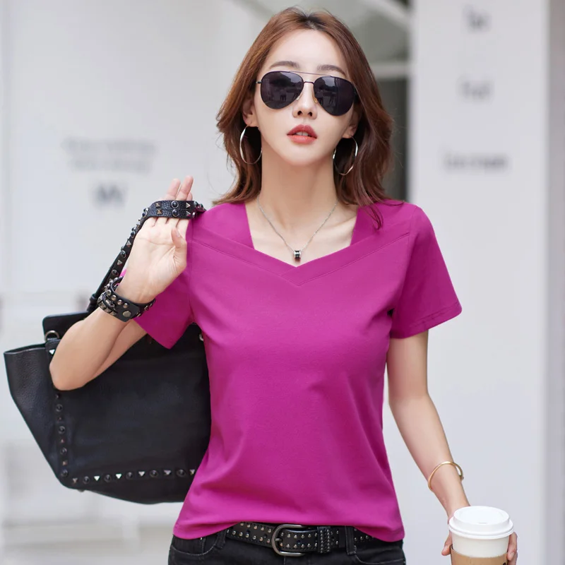 

New Women Chic V-Neck T-shirt Summer Fashion Solid Color Short Sleeve Loose Cotton Tees Tops Beautiful Simplicity Basic T-shirt