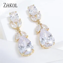 ZAKOL White Water Drop Cubic Zirconia Dangle Earring for Women Fashion Leaf Bridal Earring Wedding Jewelry EP2218