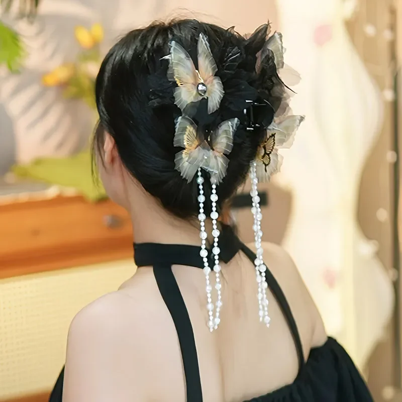 

Female Ancient Style Display Headwear Shark Clip For Women Moonlight Gauze Dynamic Butterfly Tassel Hair Claw Large Headband