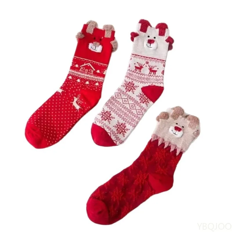 3 pares meias de natal feminino bonito papai noel outono inverno elk feminino meados de bezerro meias festival feliz natal meia 2025