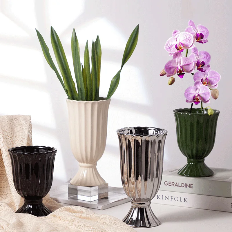 Roman Column Ceramic Simple Vase French Ins Wind Flower Arrangement Ornament Perforated Flower Pot