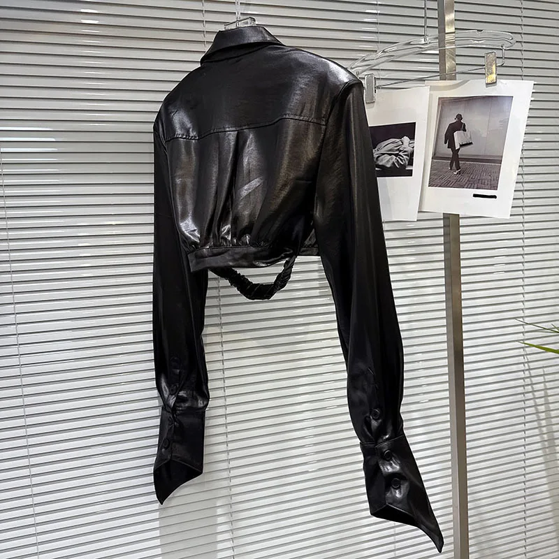 HKSH 秋の新女性ショートシャツターンダウン襟長袖シングルブレストサテンエレガントでスタイリッシュなパンクストリートトップ HK10188