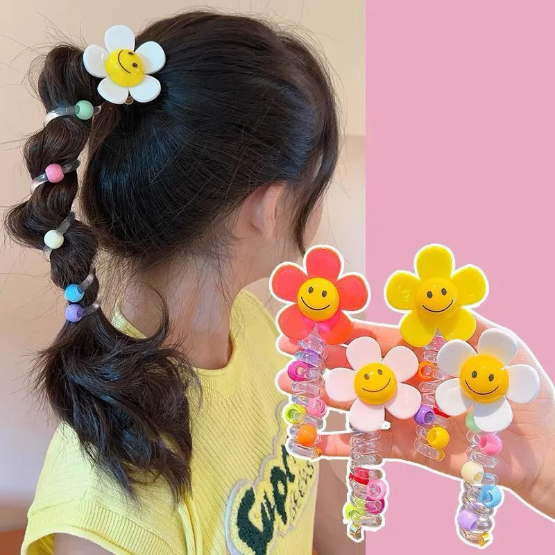 1PCS New Beaded Big Flowers Lovely Elastic Spiral Hair Rope Head Rope Ponytail Hair Ring Rubber Band Headdress For Kids