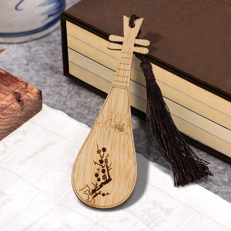 4PCS Bamboo Wooden Bookmarks With Tassels Retro Classical Musical Instrument Bookmark For Book Lovers