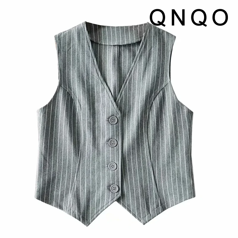 QNQO Cropped Vest Women Striped Waistcoat Fashion Buttons Tops Vintage V Neck Sleeveless Coats Outerwear White Black Chic Jacket