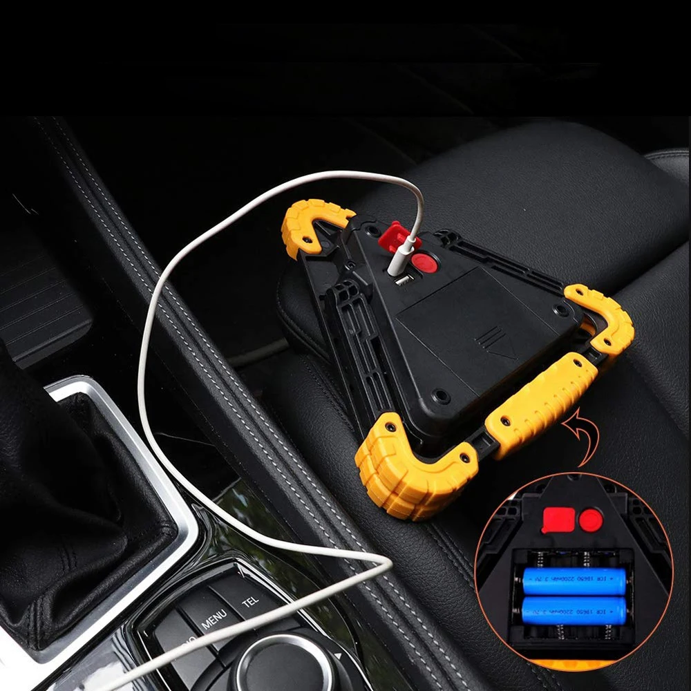 Portable Emergency Car Light COB 30W 1500LM Roadside Warning Lamp Rechargeable Triangle Work Light With Handle