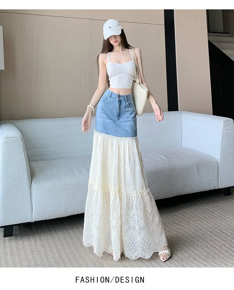 

Demi-jupe en dentelle pour femmes, Style d'été, Design en Denim, épissure multicouche, à la mode, couleur Pure, fermeture éclair