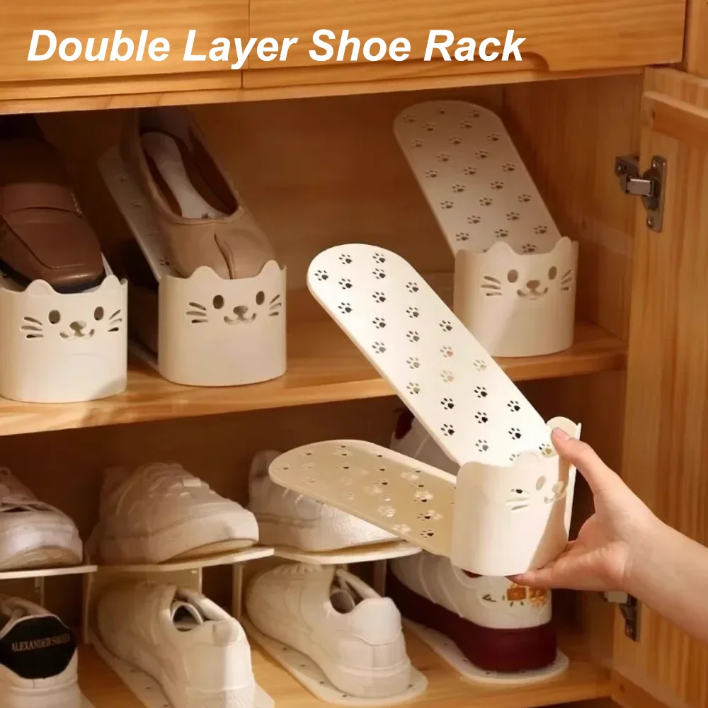 Cute Cat Double Layer Shoe Rack Shoe Organizer Space Saving Non-slip Shoe Storage Holder for Closet Bedroom Dorm