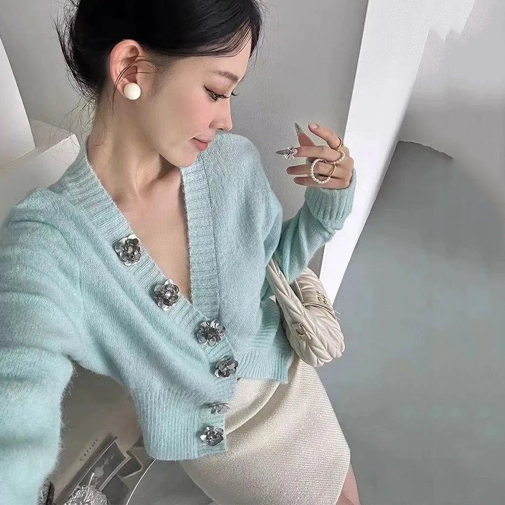 Lazy Style Sweaters For Women Fashion Mint Green Sexy V Neck Cardigan Autumn Sequin Flowers Decoration Button Knitted Top Ladies