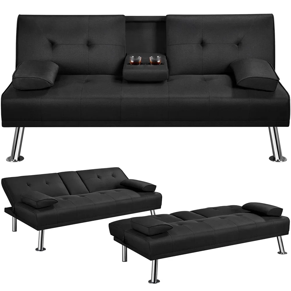 

2023 New Easyfashion Modern Fabric Reclining Futon with Cupholders and Pillows, Black