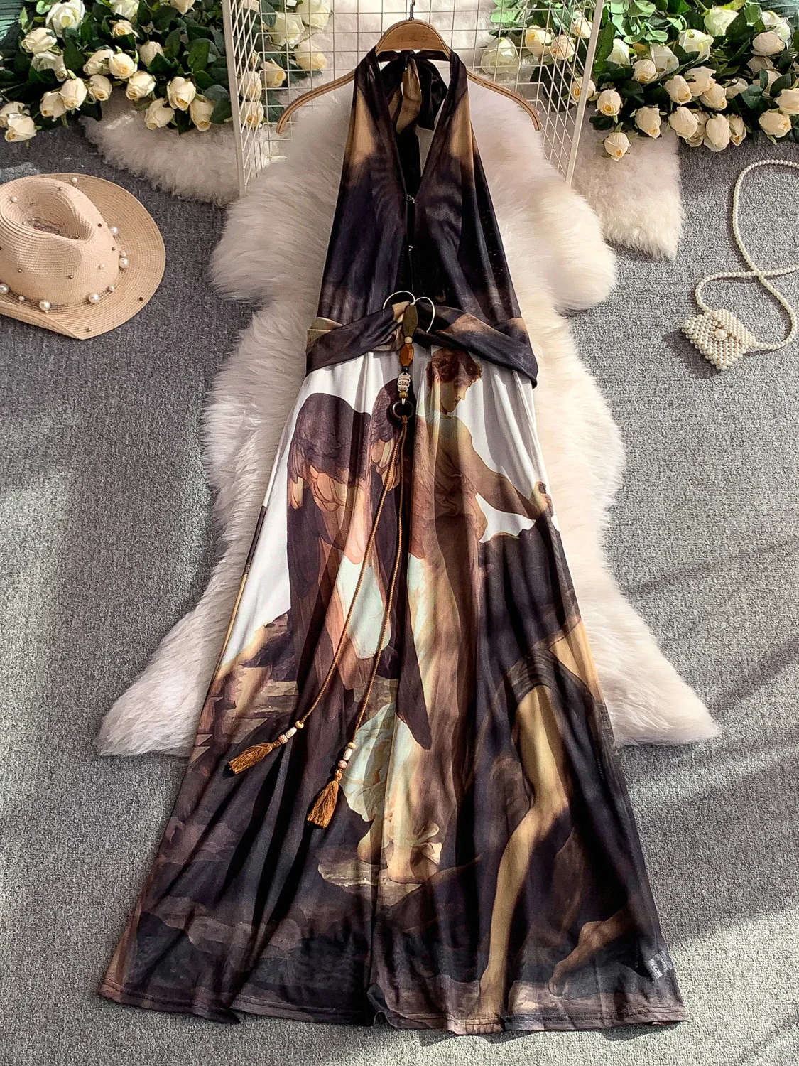 Retro Floral Print V-Ne Hanging Ne Dr Women's High Waist Belt Sexy Holiday Long Dr Korean Sle A-Line Skirt