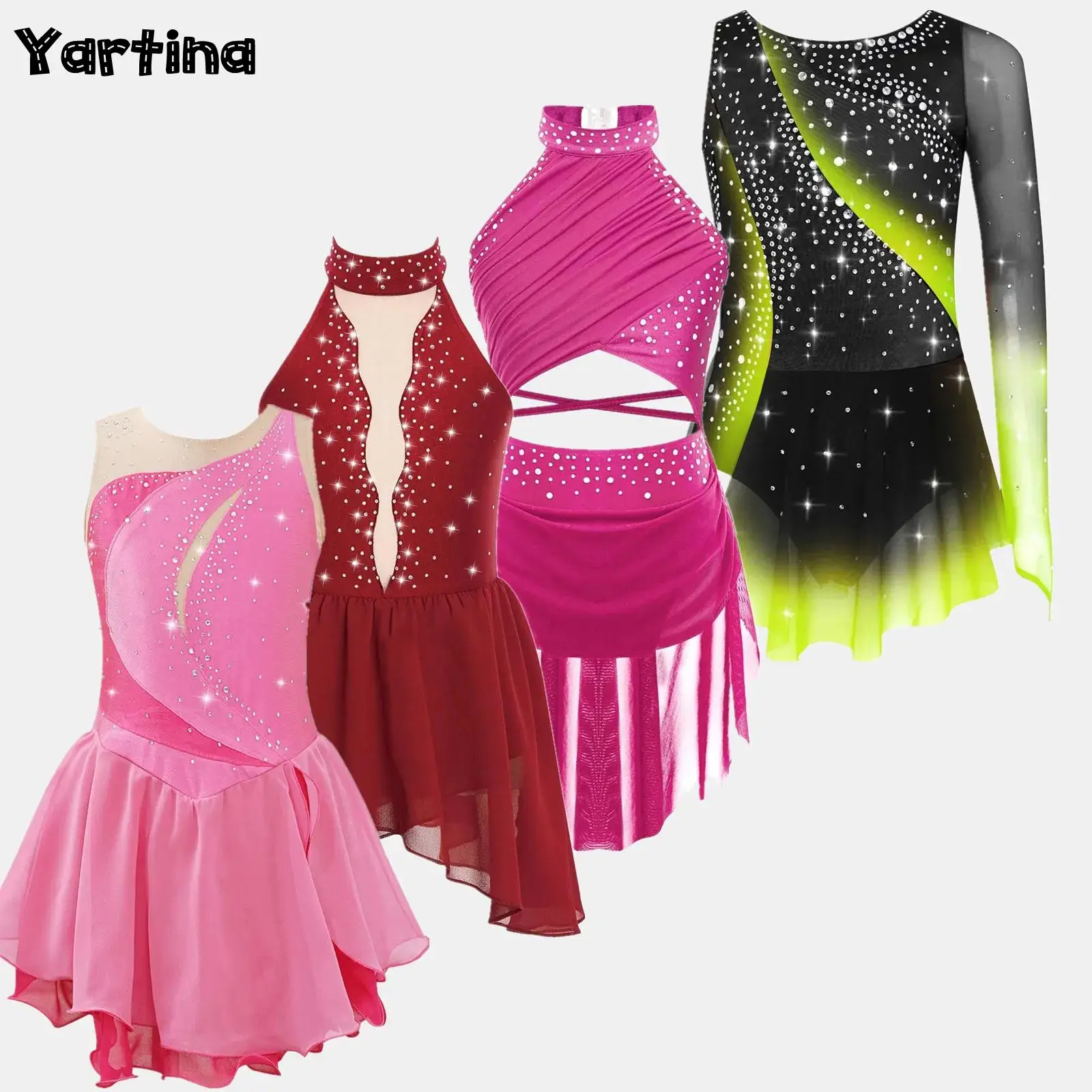 

Kids Girls Shiny Rhinestone Gymnastics Ballet Jersey Leotards Artistic Figure Skating Dress Lyrical Dance Performance Costume