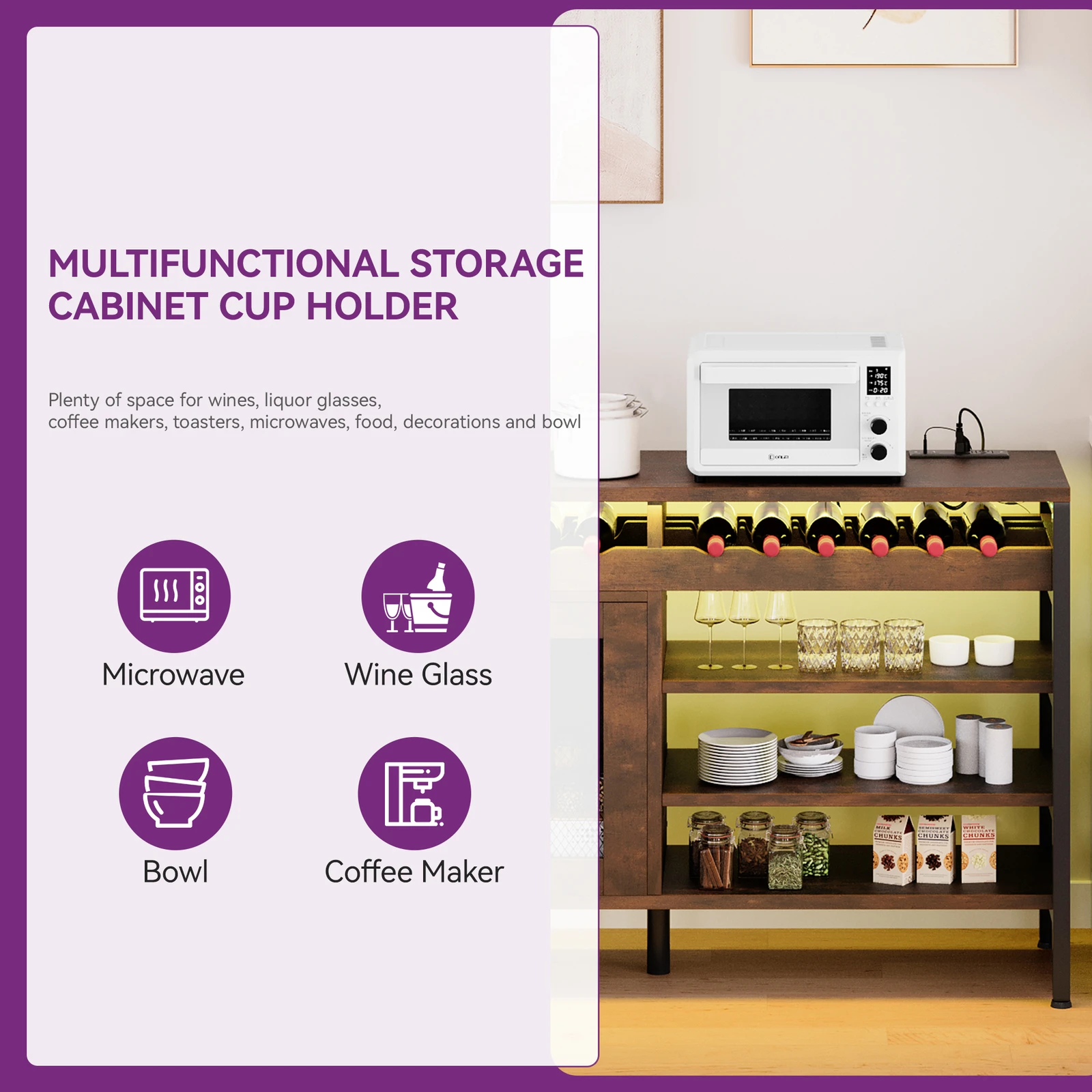 55インチ コーヒーワインバーキャビネット 酒類収納ディスプレイ サイドボードビュッフェ LEDライト付き