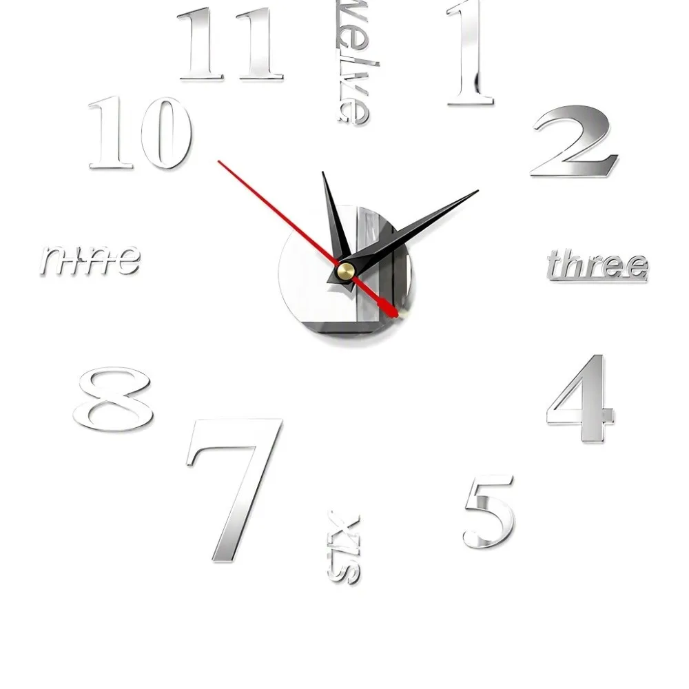 40cm DIY Wall Clock Silver 3D Mirror Surface Frameless Wall Clock Frameless Design DIY Assembly Kit 3D Wall Clock