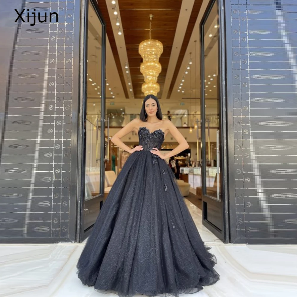 

Xijun Glitter Black Tulle Evening Dresses Sweetheart Long Prom Dresses Flower Appliques A-Line Prom Gowns Wedding Party Dresses