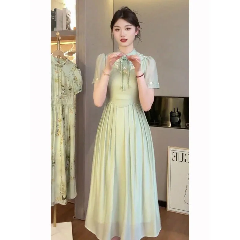 New Chinese Light National Style Green Dress Summer New Women\'s Elegant Women\'s Daily Beauty Improvement Qipao Dress