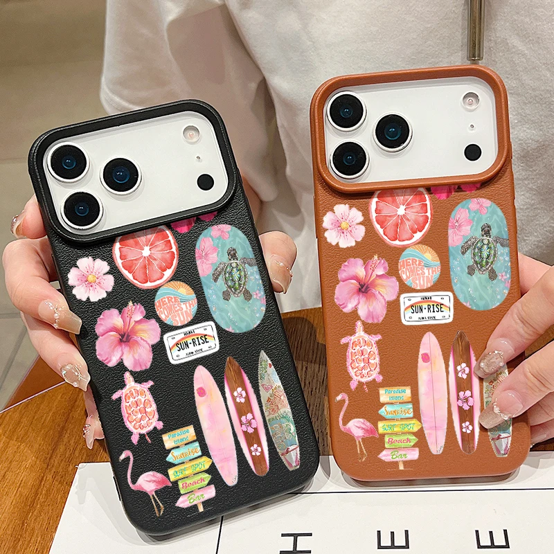 Ozean Blumen Seepferdchen Schildkröte Print Handyhülle für iPhone 17 16 15 14 13 12 Pro Max 17 Pro Air 11 16e Leder Textur TPU Cover