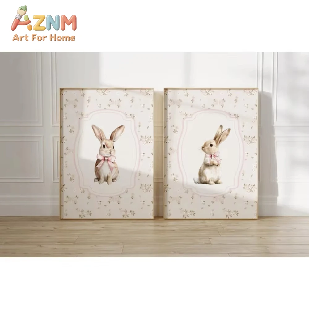 1/2 Stück, rahmenlose Wandkunst mit rosa Blumen und Hasenmotiv, Hasenmädchen-Dekoration, Hasen-Coquette-Wandbild, Ostergeschenk, Wohnzimmerdekoration
