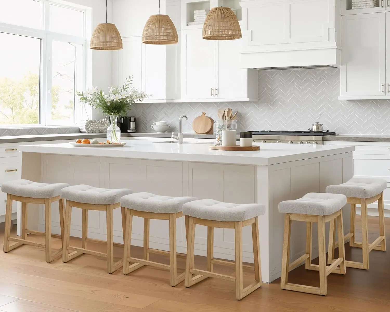 

Набор из 6 барных стульев высотой с прилавок, 24 дюйма, без спинки, с обивкой, на деревянных ножках, в современном стиле фермерского дома, с возможностью индивидуального заказа