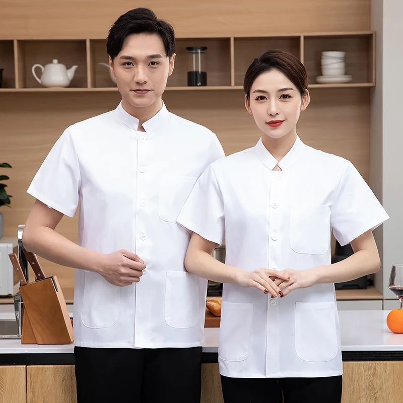 Abrigo de Chef Unisex, chaqueta de Chef de manga corta, camisa para hombres y mujeres, uniforme blanco y negro, ropa de trabajo de cocina para restaurante, camarero