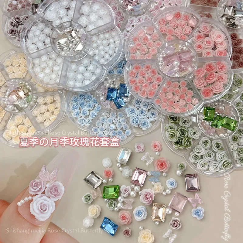 カラフルなローズ椿の花パールクリスタルラインストーン蝶ちょう結びドリル DIY ネイルアートデコレーションセットマニキュアアクセサリー