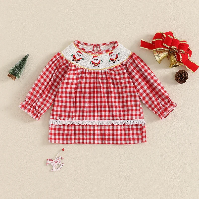 Fashion Autumn Toddler Kids Baby Girls Christmas T-shirts Red Plaid Santa Embroidery Crew Neck Long Sleeve Lace Loose Tees Tops