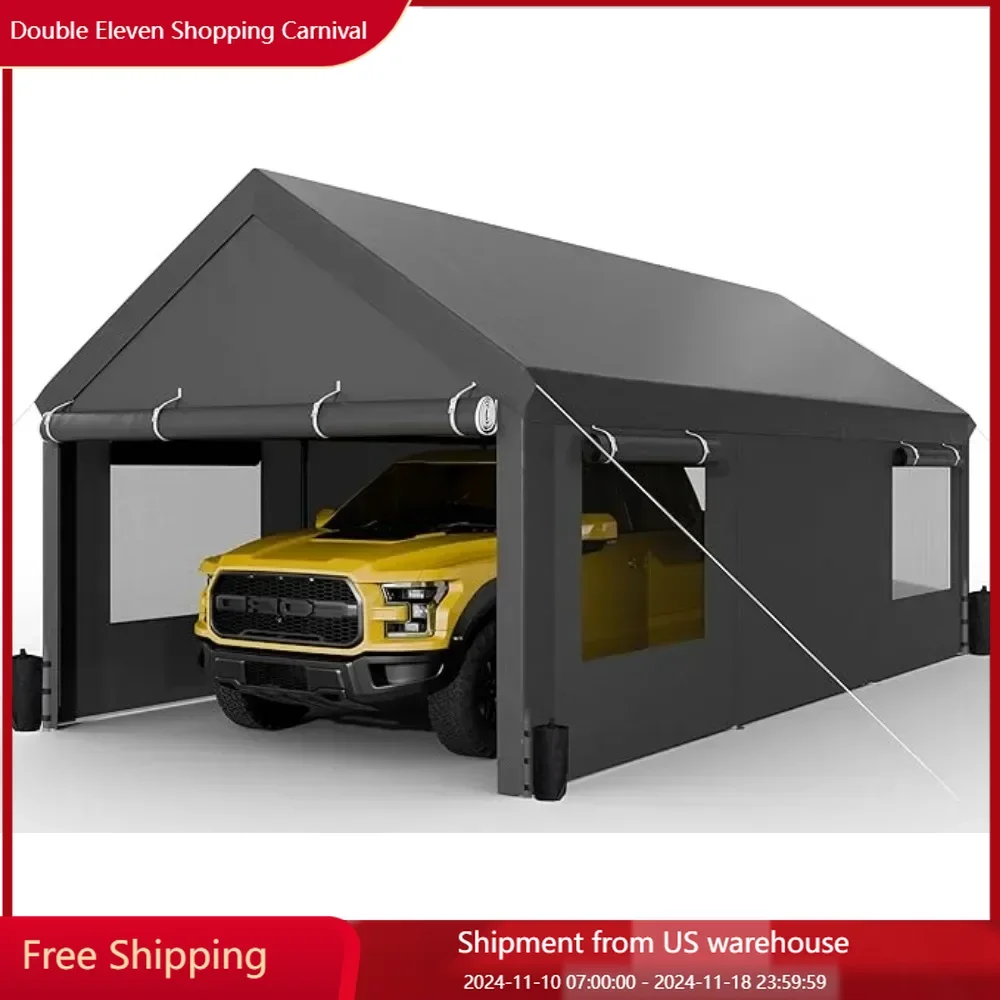 

Portable Carport,10x20 ft with Roll-up Windows with Removable Sidewalls & Doors,Car Canopy with Sandbags and All-Season Tarp