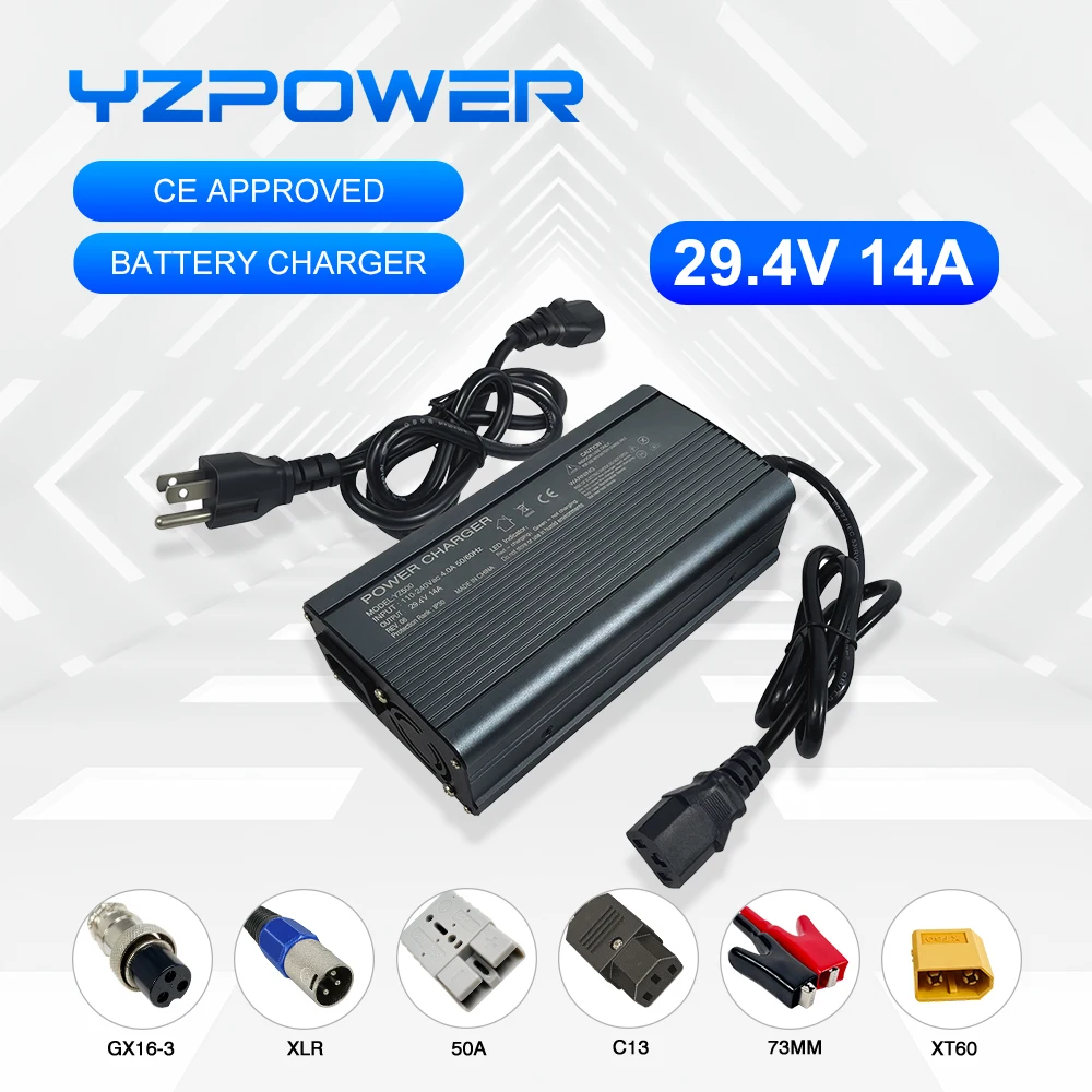 

YZPOWER 29,4 V 14A 7S высококачественное литиевое зарядное устройство для электрического велосипеда источник питания с охлаждающими вентиляторами с выходной вилкой