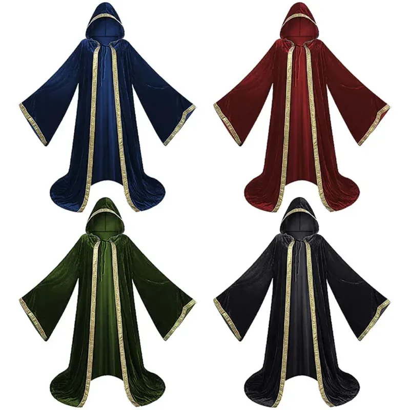 

2025 11 Medieval Unisex Velvet Hooded Cloak Halloween Witch Wicca Border Gandolfo Wizard Cosplay Carnival Purim Coats Vampire Ca