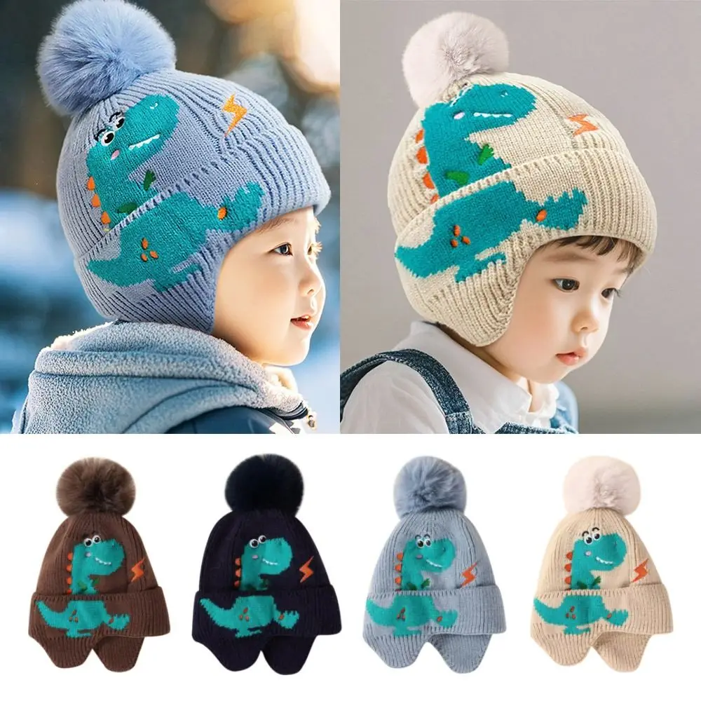 

Cute 2-8year Boy Girl Baby Knitted Hat Cartoon Dinosaur Windproof Knitted Woolen Hat Warm Winter Cap