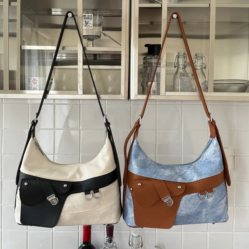 

2025 винтажная пригородная сумка подмышки с цепочкой, женская сумка из искусственной кожи с цветными блоками, многосторонняя сумка через плечо, уличный шик