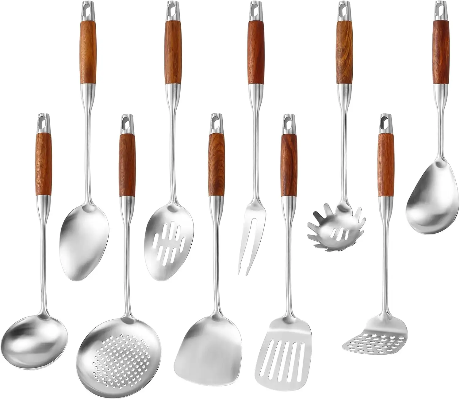 

Stainless Steel Kitchen Utensils Set with Wood Handle, 18/10 Metal Cooking Utensils Set, 10 Piece - Spatula, Spoon, Ladl