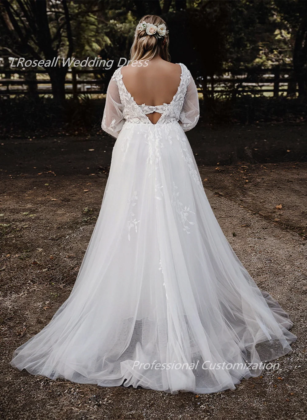 LRosella Scollo a V Taglie forti A-line Abiti da sposa a maniche lunghe Tulle Applicazioni di pizzo, Squisito, Elegante, Lusso, فسات2024