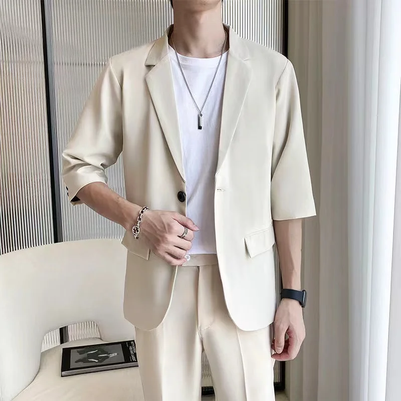 

2024 Summer New Men's Ice Silk Ultra Thin Breathable Casual Small Suit Set Light Luxury High end Business Casual Two Piece Set