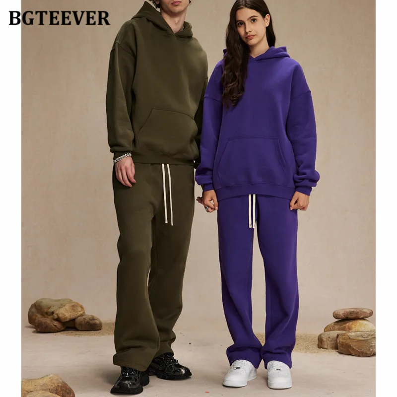 BGTEEVER Winter Thicken Velvet Tracksuits Women Loose Warm Hoodies Outfits Ladies Long Trousers