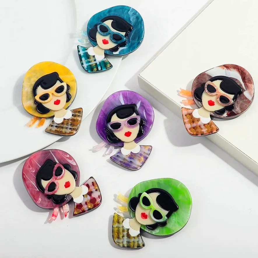 New 6-Colors Elegant Hat Lady Resin Brooches for Women Cartoon Glasses Girls Figure Brooch Badge Pins Office Jewelry Accessories