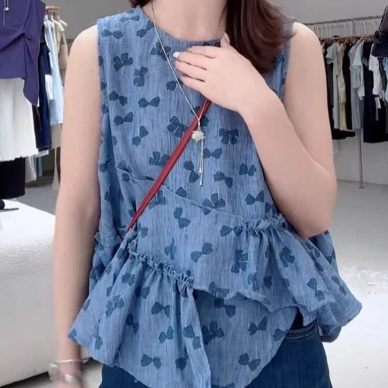 Blue Butterfly Print Ruffled Hem Sleeveless Tank Top for Women Summer Casual Beach Wear Lightweight Loose Fit