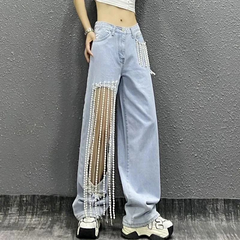 Summer Women Diamonds Beaded Chain Tassels Holes Jeans High Waist Straight Wide Legs Pearls Beading Fringed Denim Pants Trousers