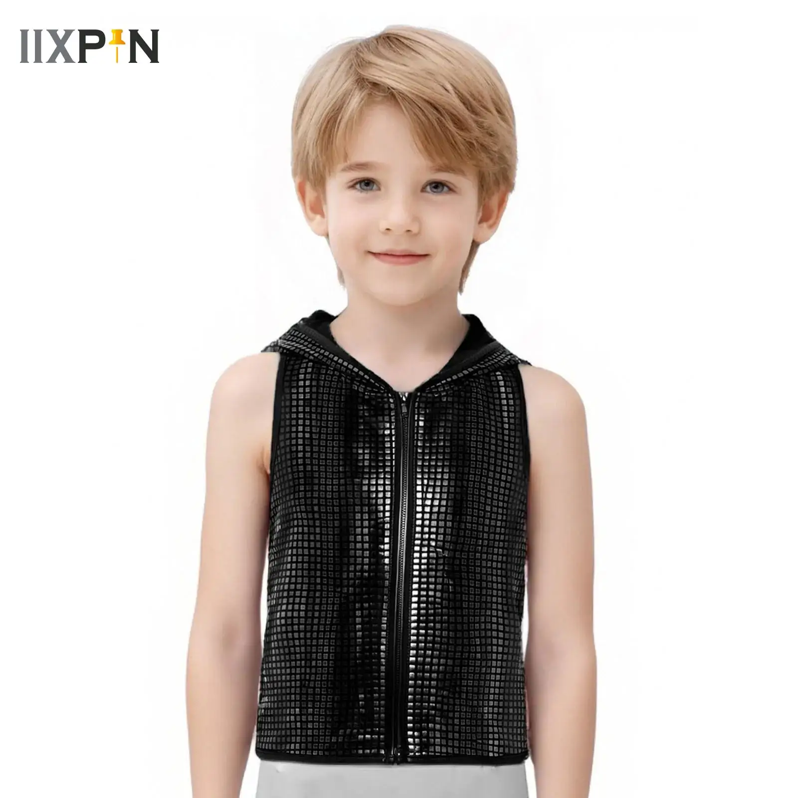 

Boys Girls Metallic Plaid Students Christmas Party Stage Performance Costumes Kids Hip-hop Jazz Stage Dance Vest Waistcoat